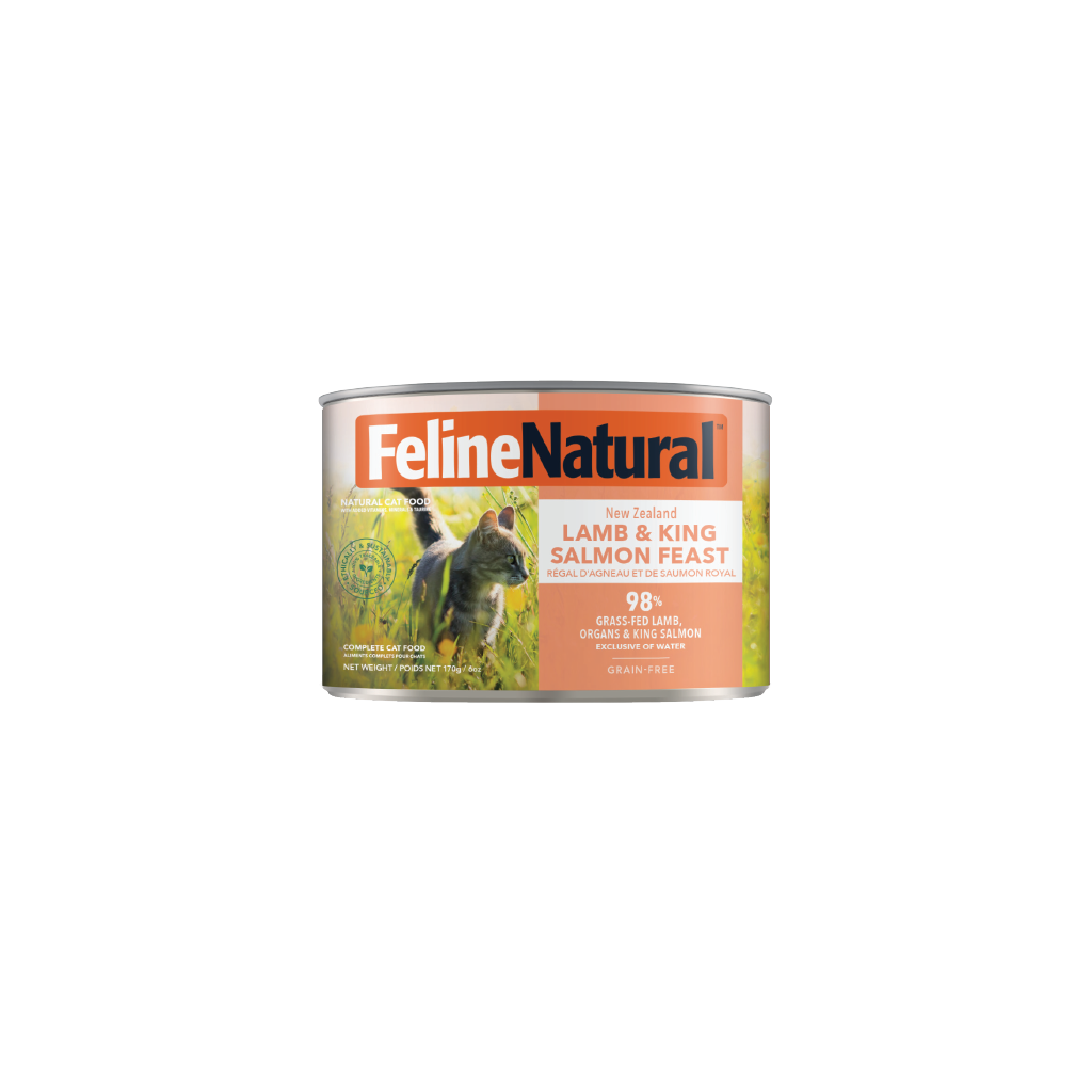 Feline Natural Lamb & King Salmon Feast Canned Cat Food 12 × 170g cans; can shown, sold as 12-pack