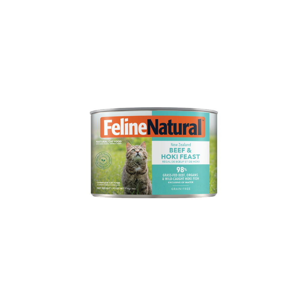 Feline Natural Beef & Hoki Feast Canned Cat Food 12 × 170g cans; can shown, sold as 12-pack