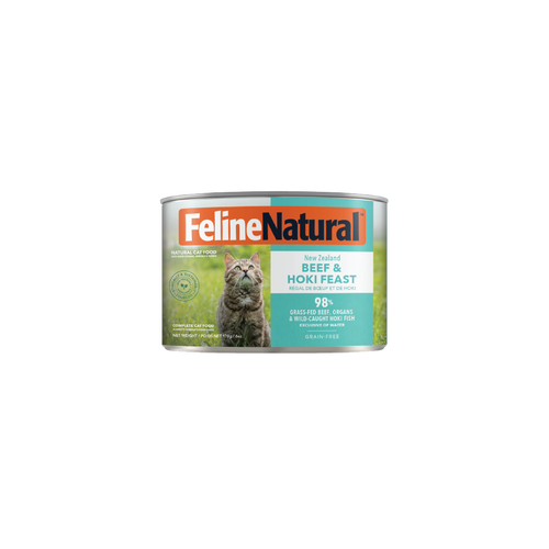 Feline Natural Beef & Hoki Feast Canned Cat Food 12 × 170g cans; can shown, sold as 12-pack