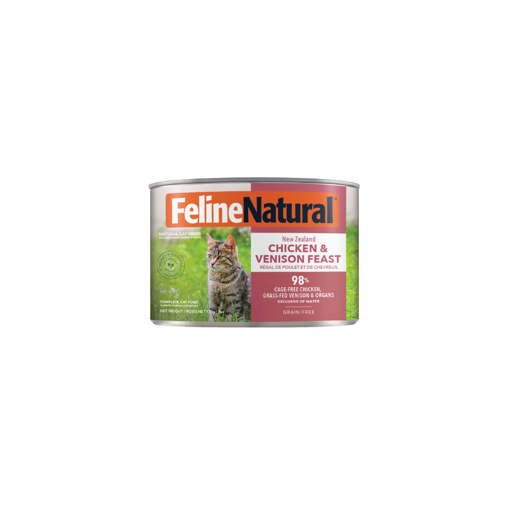 Feline Natural Chicken & Venison Feast Canned Cat Food 12 × 170g cans; can shown, sold as 12-pack