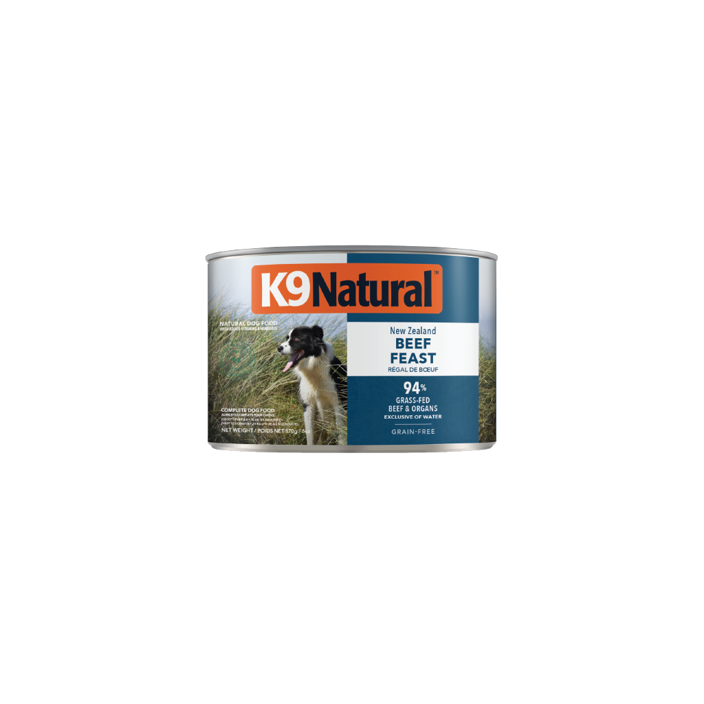 K9 Natural Beef Feast Canned Dog Food 12 × 170g cans; can shown, sold as 12-pack