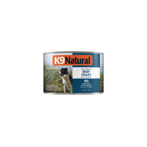 K9 Natural Beef Feast Canned Dog Food 12 × 170g cans; can shown, sold as 12-pack