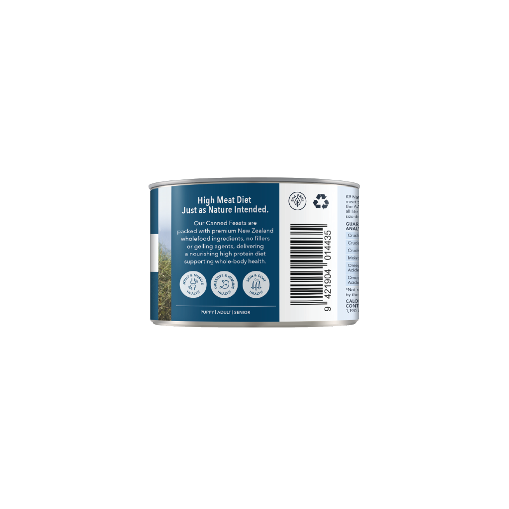 K9 Natural Beef Feast Canned Dog Food 12 × 170g cans; can shown, sold as 12-pack — additional view