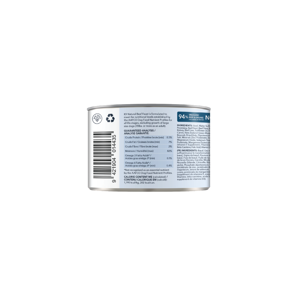 K9 Natural Beef Feast Canned Dog Food 12 × 170g cans; can shown, sold as 12-pack — additional view