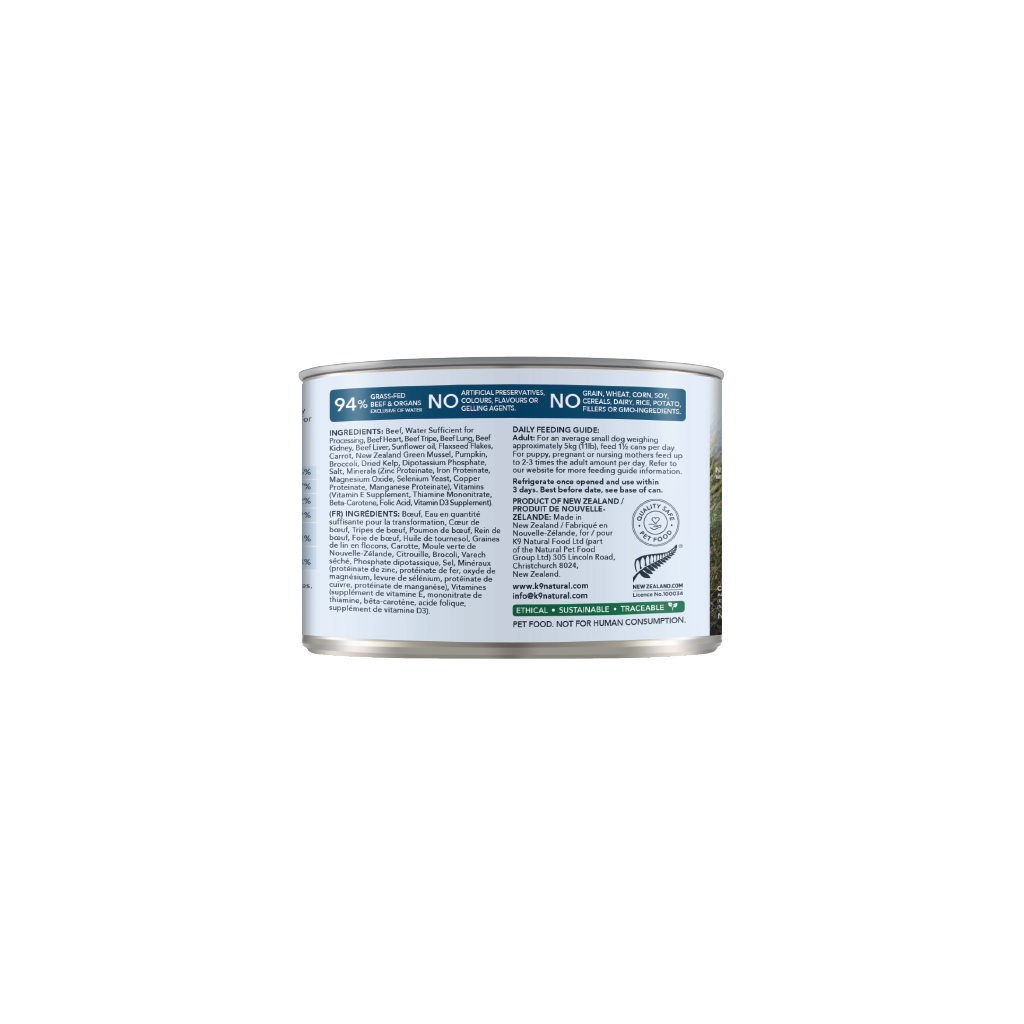 K9 Natural Beef Feast Canned Dog Food 12 × 170g cans; can shown, sold as 12-pack — additional view