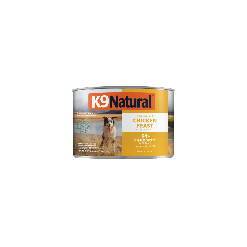 K9 Natural Chicken Feast Canned Dog Food 12 × 170g cans; can shown, sold as 12-pack