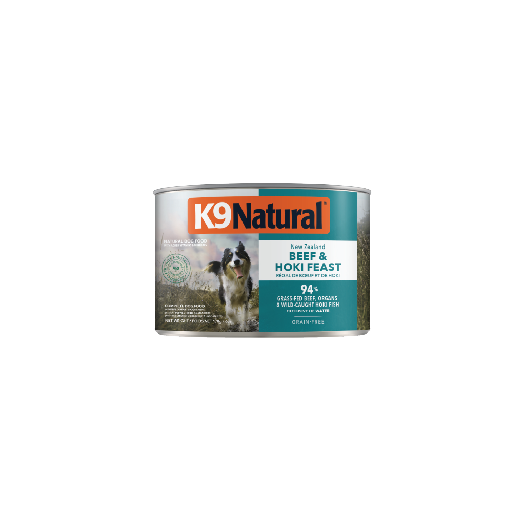 K9 Natural Hoki & Beef Feast Canned Dog Food 12 × 170g cans; can shown, sold as 12-pack