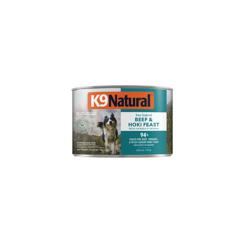K9 Natural Hoki & Beef Feast Canned Dog Food 12 × 170g cans; can shown, sold as 12-pack