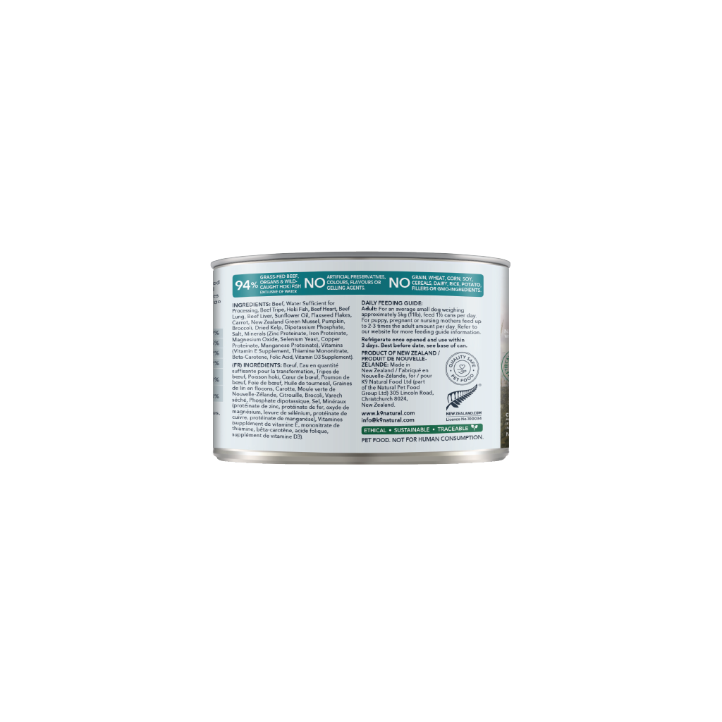 K9 Natural Hoki & Beef Feast Canned Dog Food 12 × 170g cans; can shown, sold as 12-pack — additional view