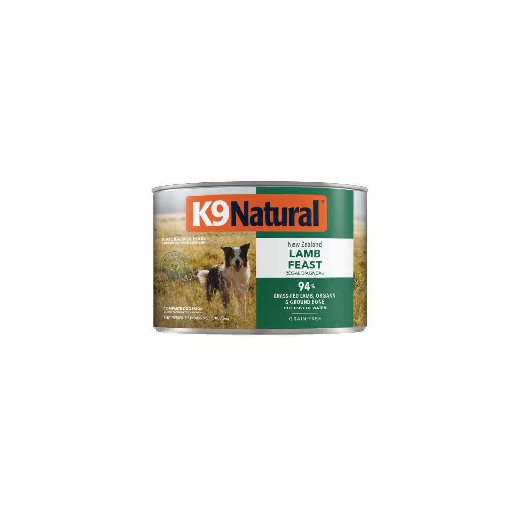 K9 Natural Lamb Feast Canned Dog Food 12 × 170g cans; can shown, sold as 12-pack