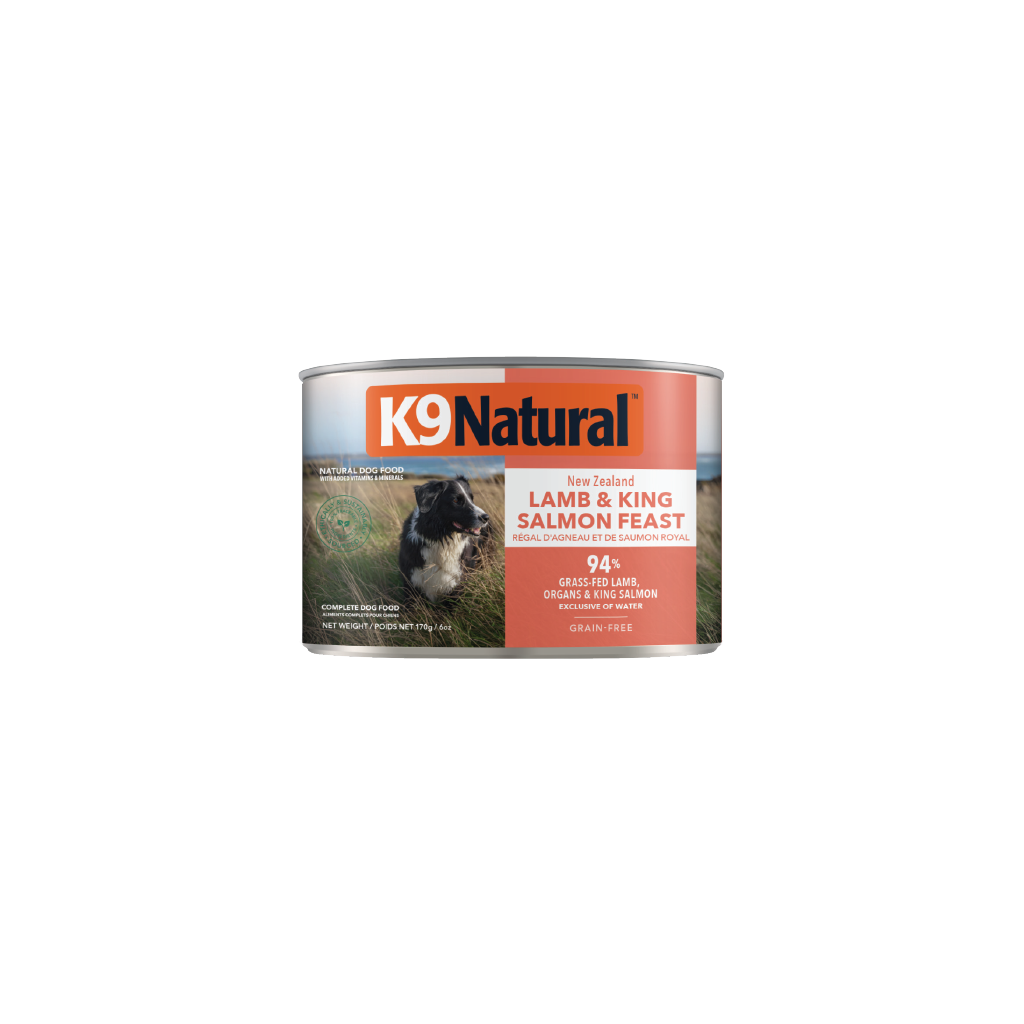 K9 Natural Lamb & King Salmon Feast Canned Dog Food 12 × 170g cans; can shown, sold as 12-pack