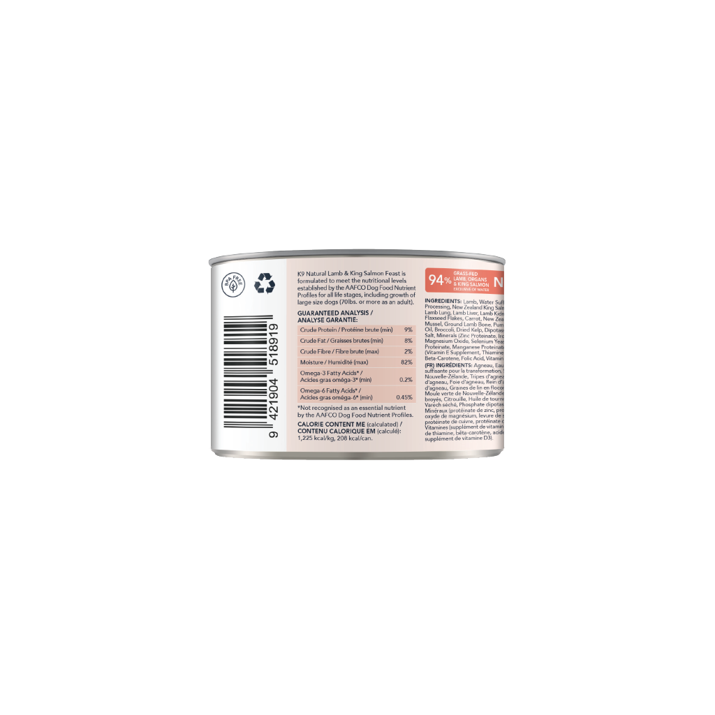 K9 Natural Lamb & King Salmon Feast Canned Dog Food 12 × 170g cans; can shown, sold as 12-pack — additional view