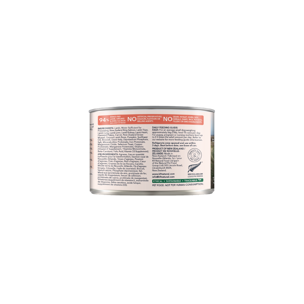 K9 Natural Lamb & King Salmon Feast Canned Dog Food 12 × 170g cans; can shown, sold as 12-pack — additional view